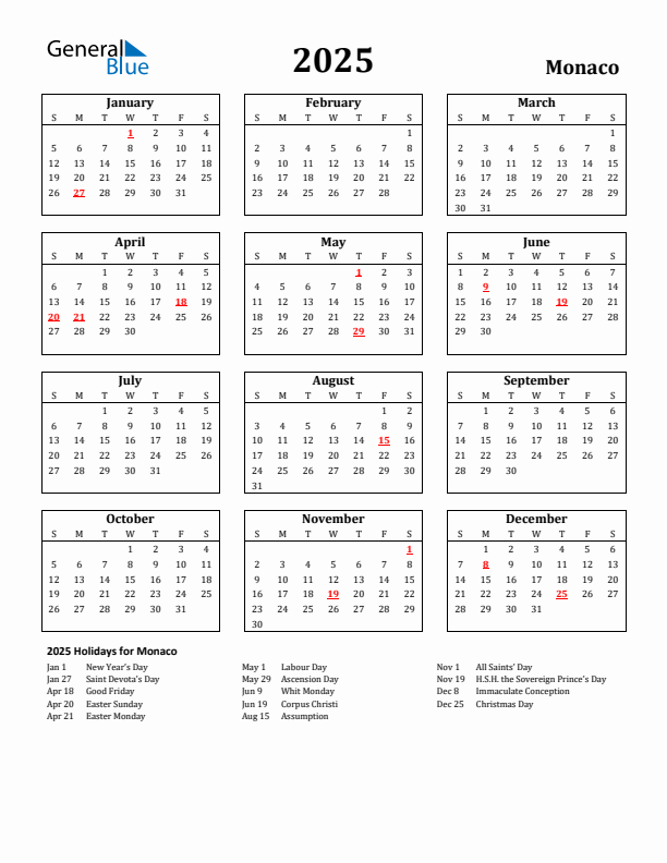 2025 Monaco Holiday Calendar - Sunday Start
