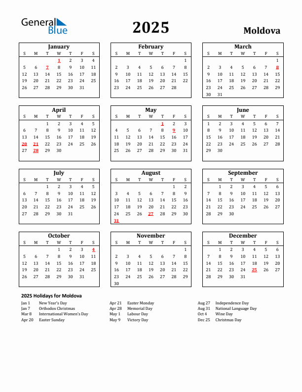 Free Printable 2025 Moldova Holiday Calendar
