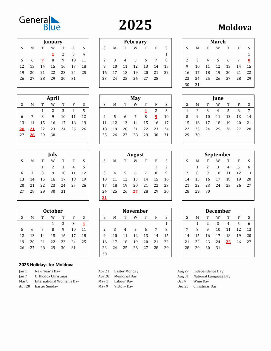 Free Printable 2025 Moldova Holiday Calendar