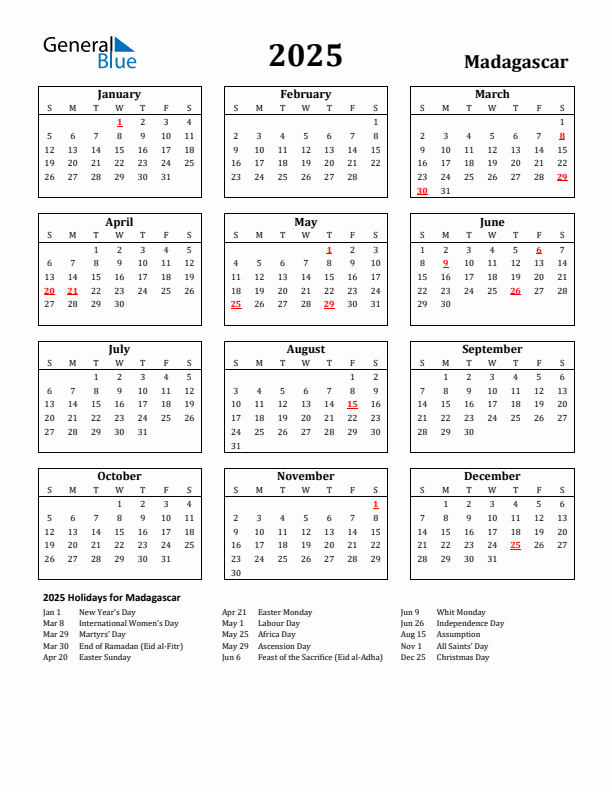 2025 Madagascar Holiday Calendar - Sunday Start
