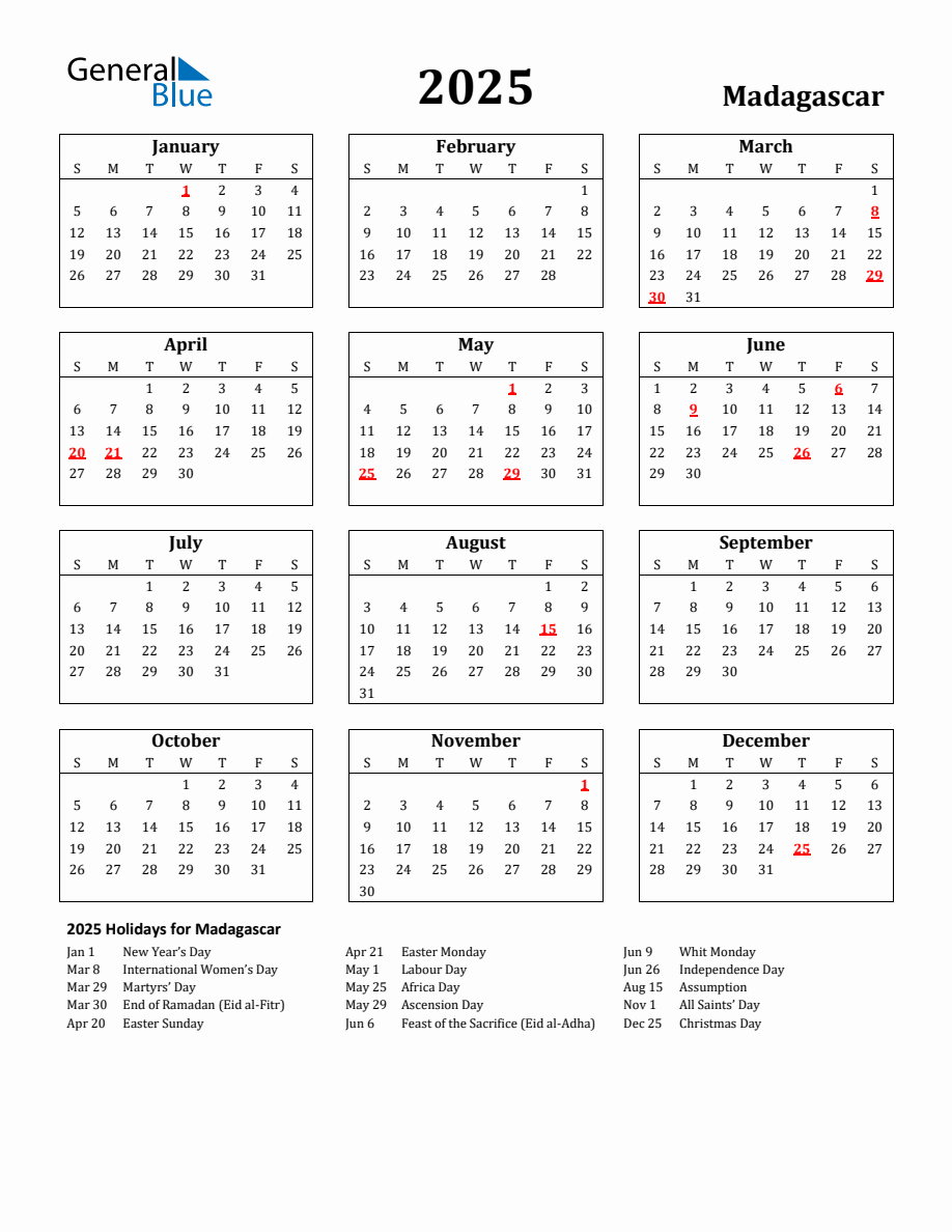 Free Printable 2025 Madagascar Holiday Calendar