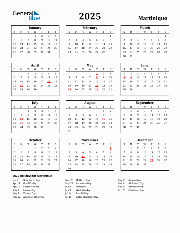2025 Martinique Holiday Calendar - Sunday Start