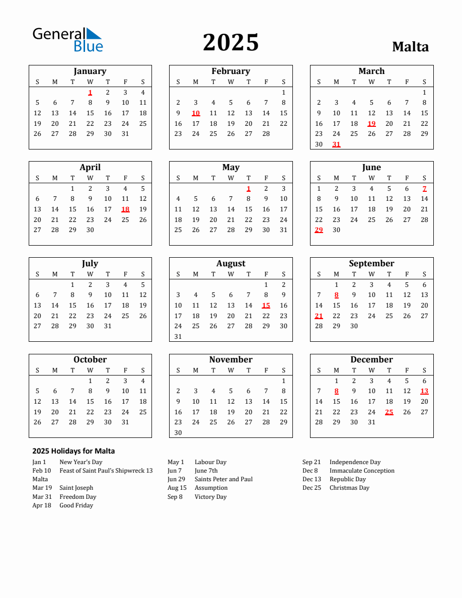 Free Printable 2025 Malta Holiday Calendar