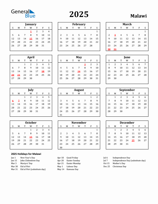 2025 Malawi Holiday Calendar - Sunday Start