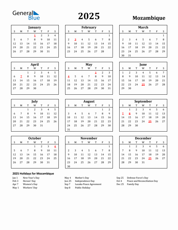2025 Mozambique Holiday Calendar - Sunday Start