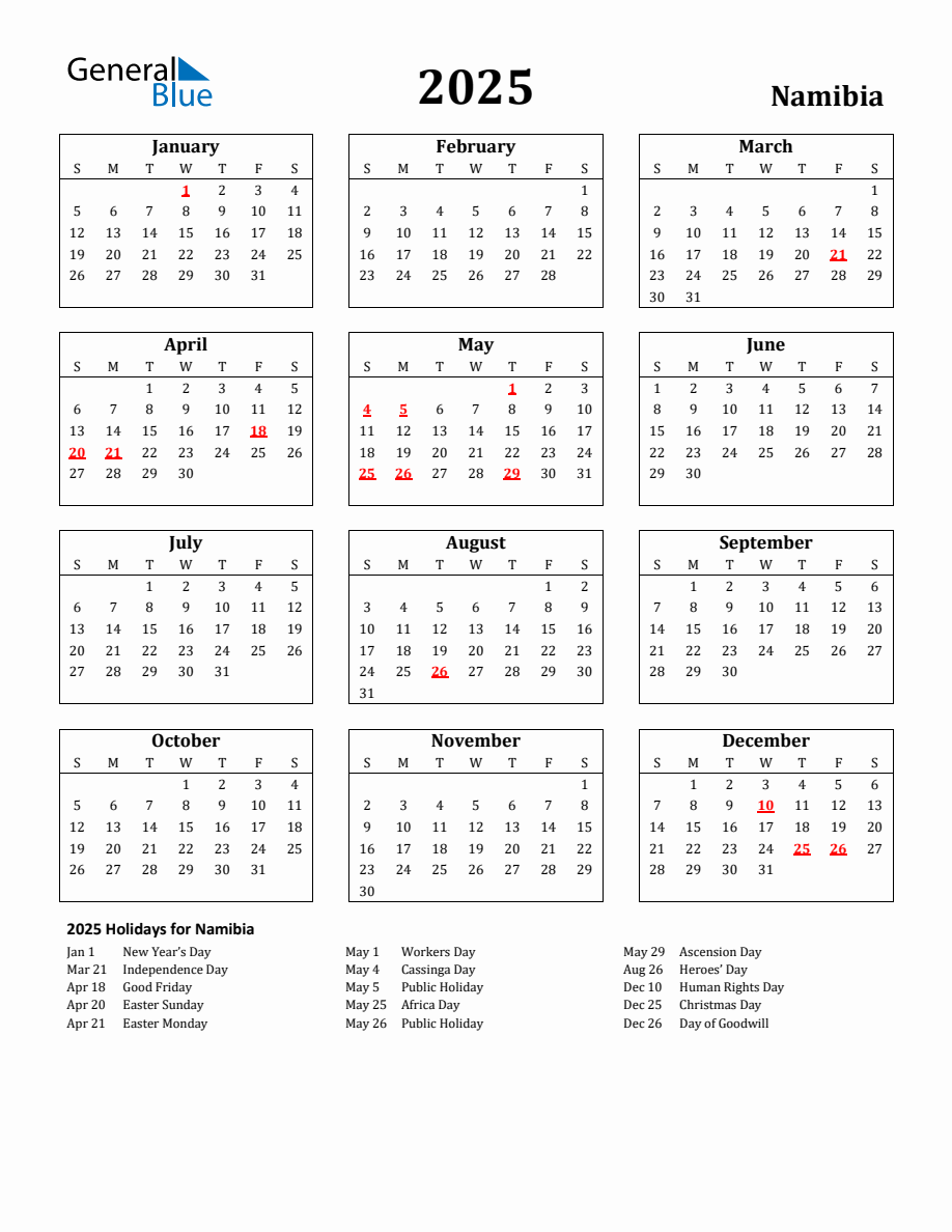 Free Printable 2025 Namibia Holiday Calendar