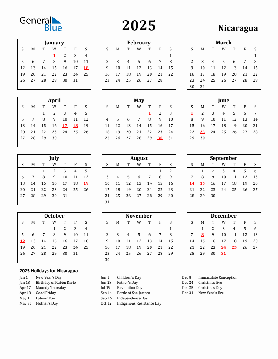 Free Printable 2025 Nicaragua Holiday Calendar