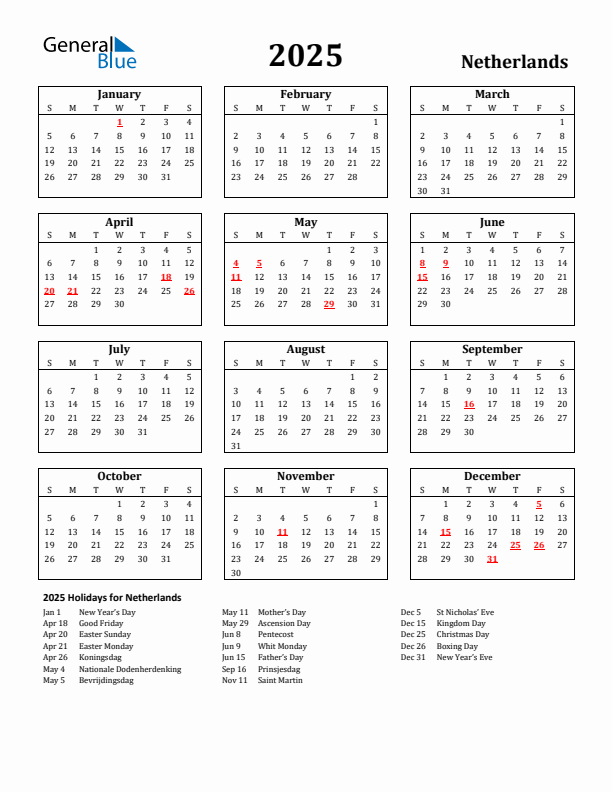 2025 The Netherlands Holiday Calendar - Sunday Start