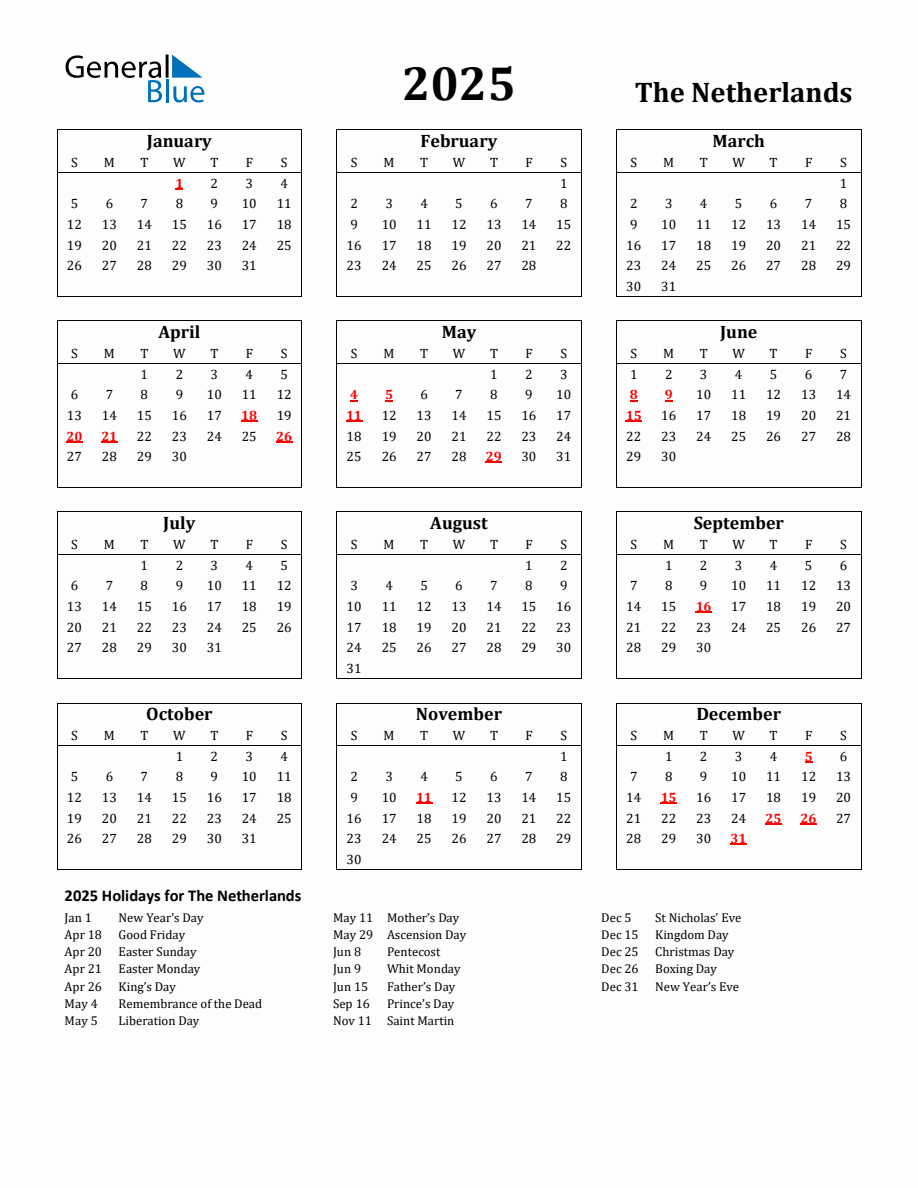 Free Printable 2025 Netherlands Holiday Calendar