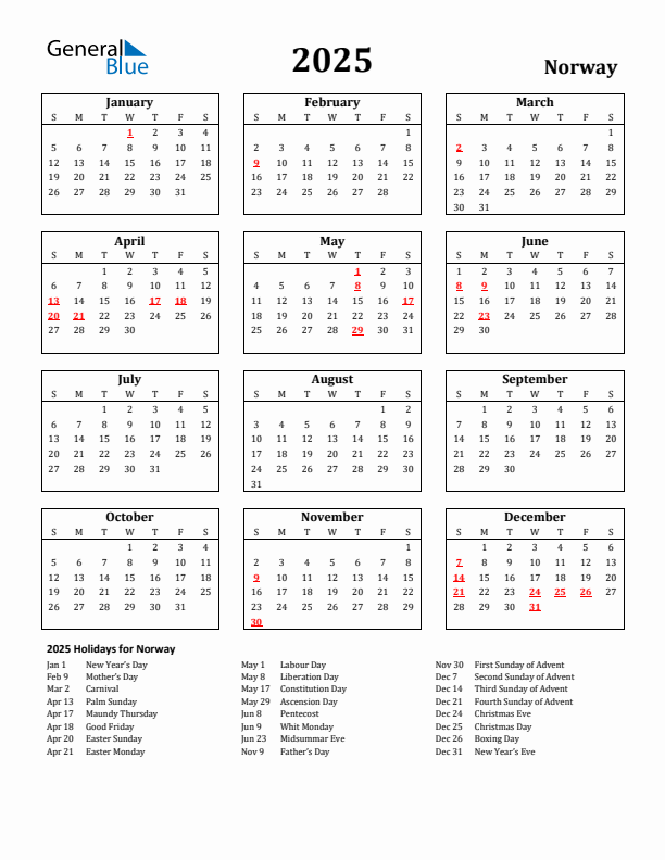2025 Norway Holiday Calendar - Sunday Start
