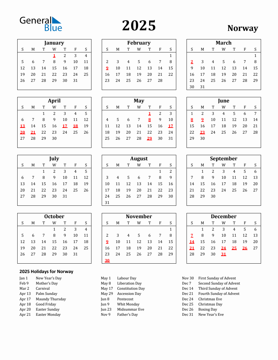 Free Printable 2025 Norway Holiday Calendar