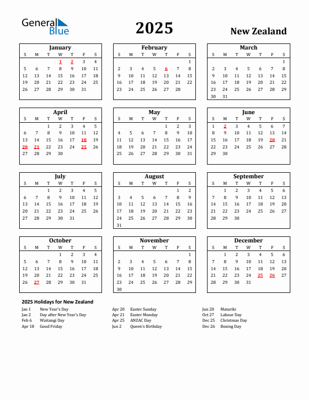 2025 New Zealand Holiday Calendar - Sunday Start