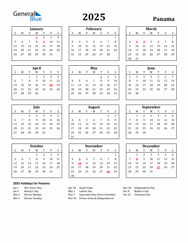 2025 Panama Holiday Calendar - Sunday Start