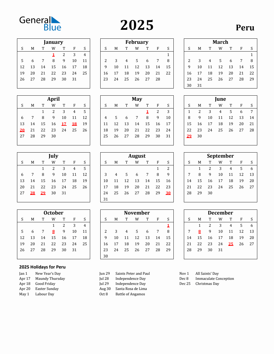 Free Printable 2025 Peru Holiday Calendar