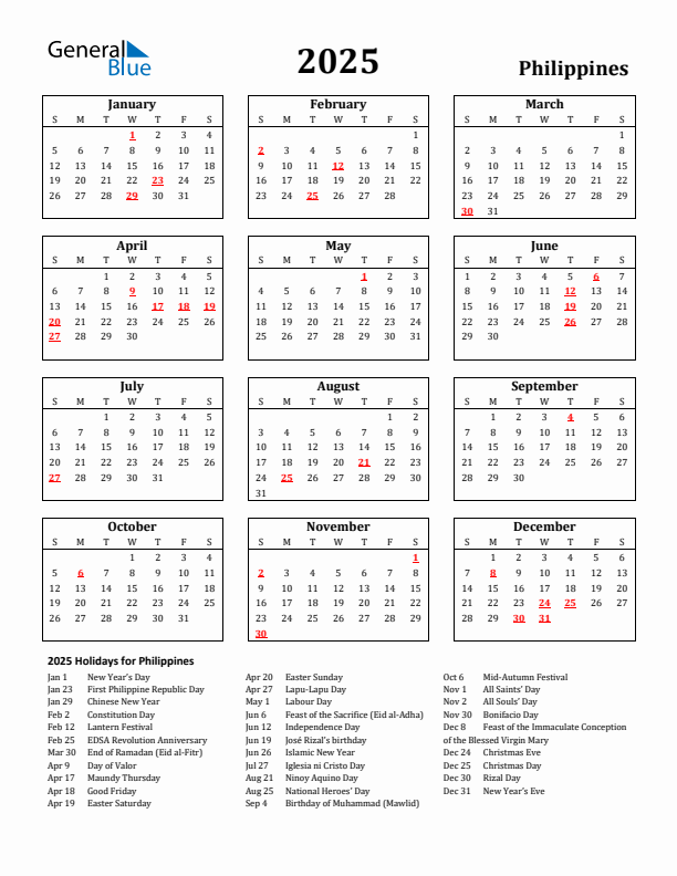 2025 Philippines Holiday Calendar - Sunday Start