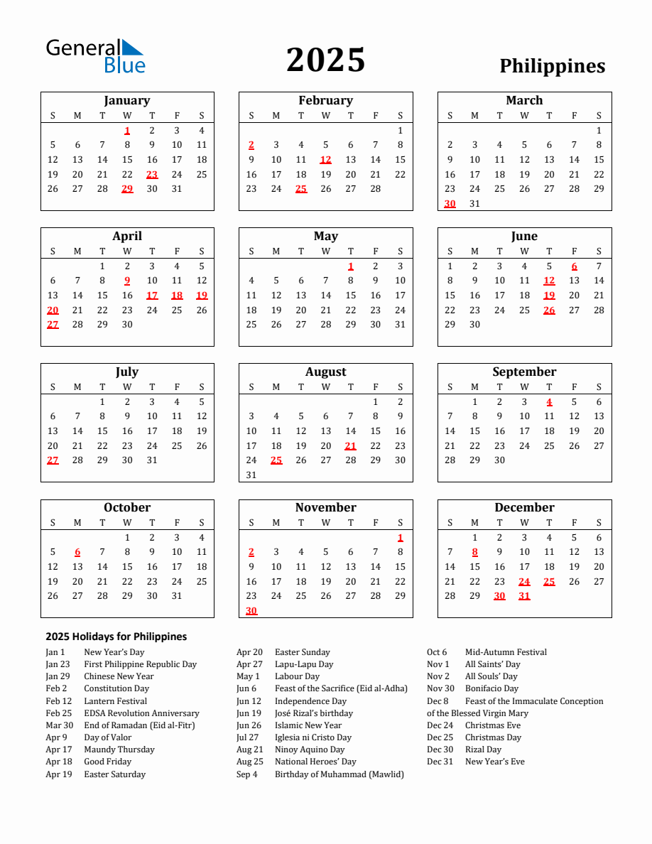 Free Printable 2025 Philippines Holiday Calendar