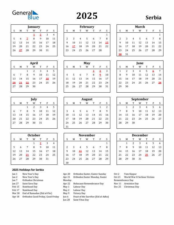 2025 Serbia Holiday Calendar - Sunday Start