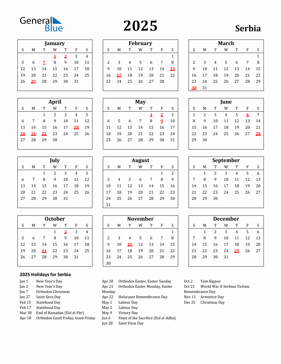 Free Printable 2025 Serbia Holiday Calendar