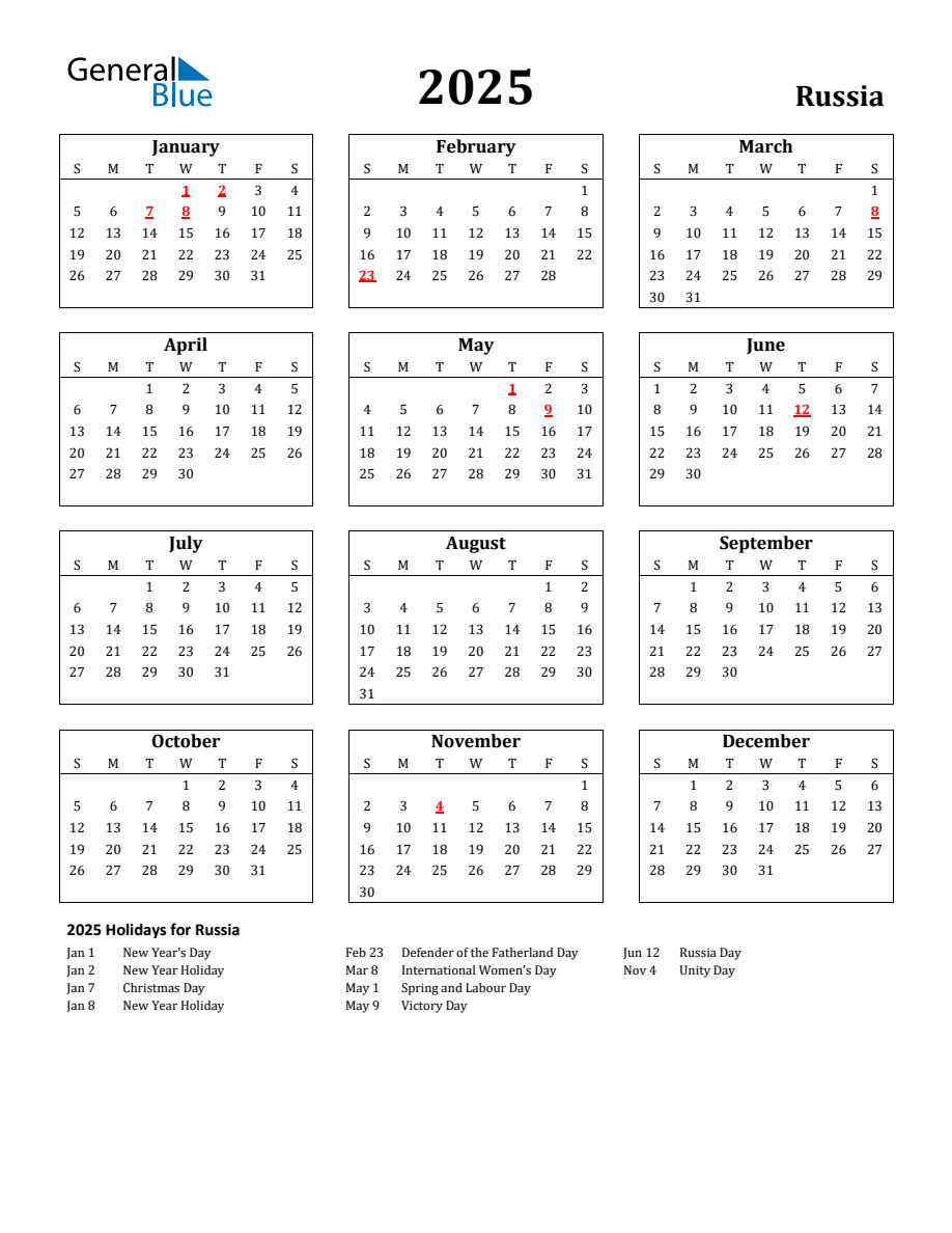 Free Printable 2025 Russia Holiday Calendar