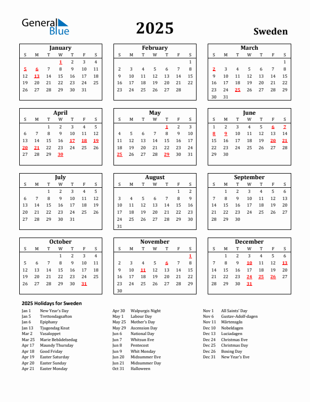 2025 Sweden Holiday Calendar - Sunday Start