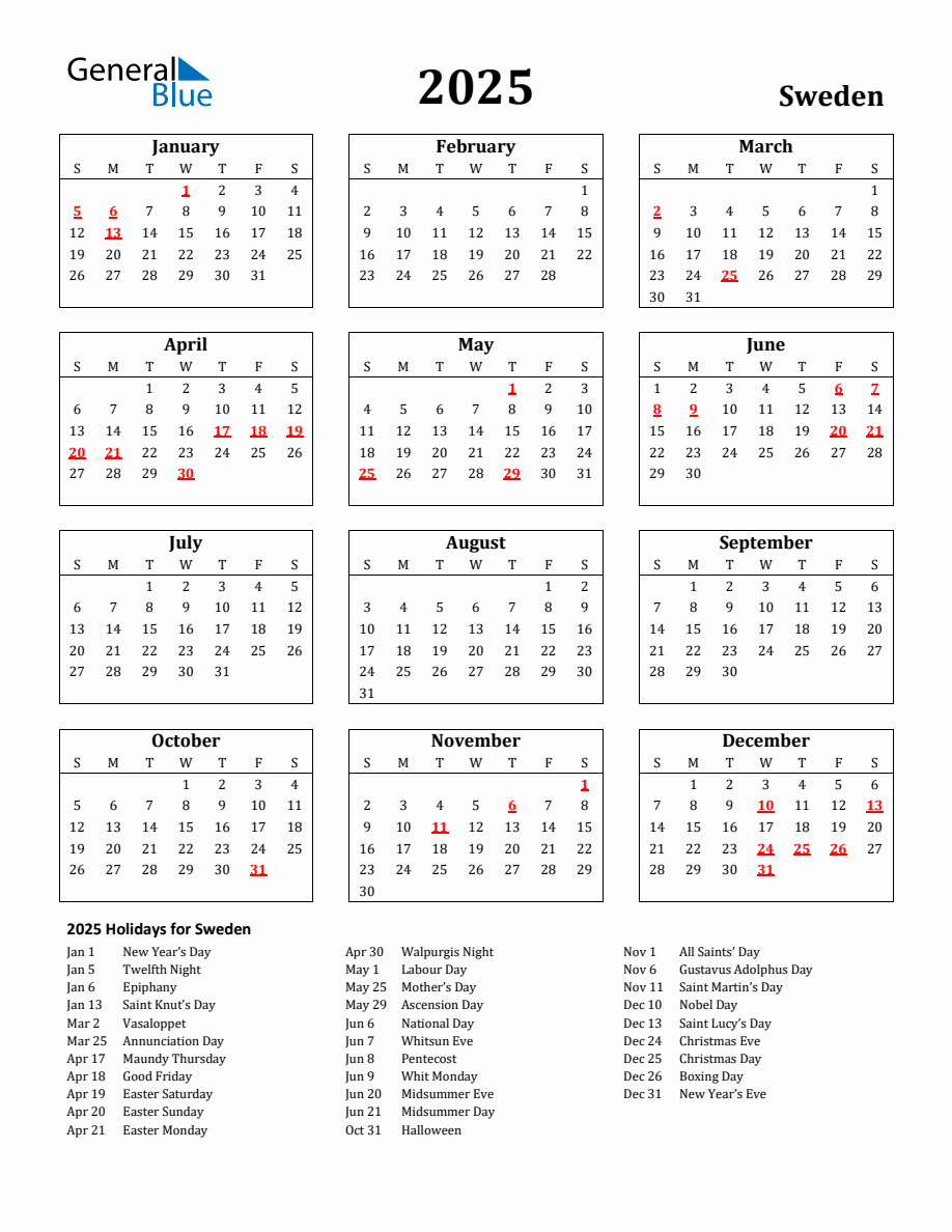 Free Printable 2025 Sweden Holiday Calendar