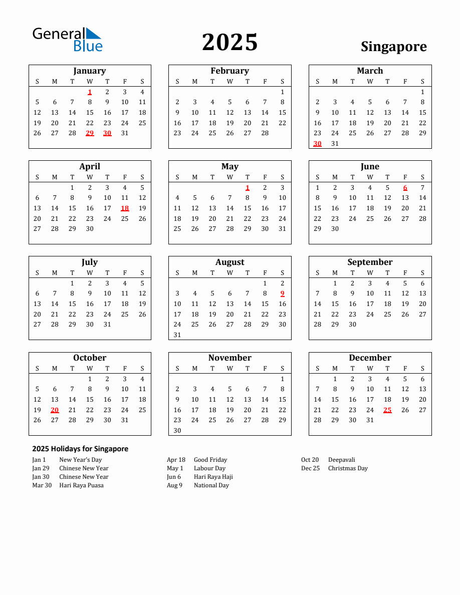 Calendar 2025 With Holidays Singapore 