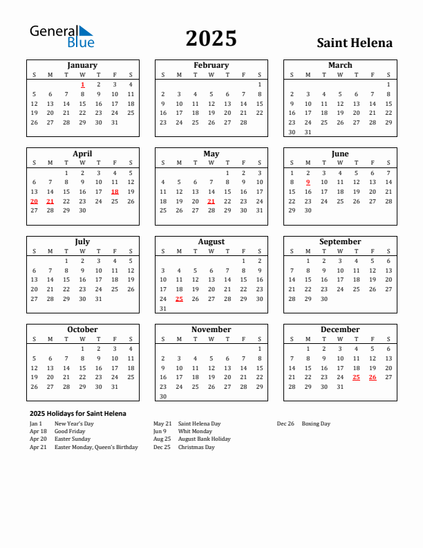 2025 Saint Helena Holiday Calendar - Sunday Start