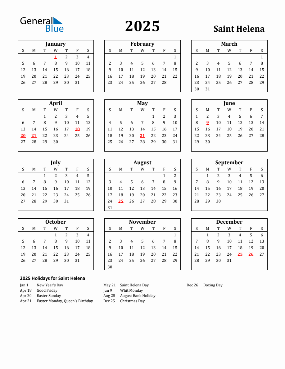 Free Printable 2025 Saint Helena Holiday Calendar