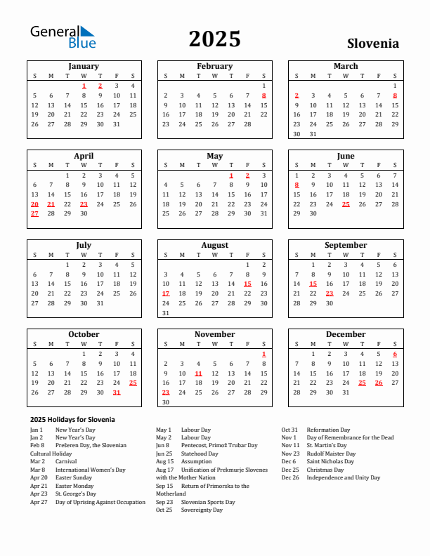 2025 Slovenia Holiday Calendar - Sunday Start
