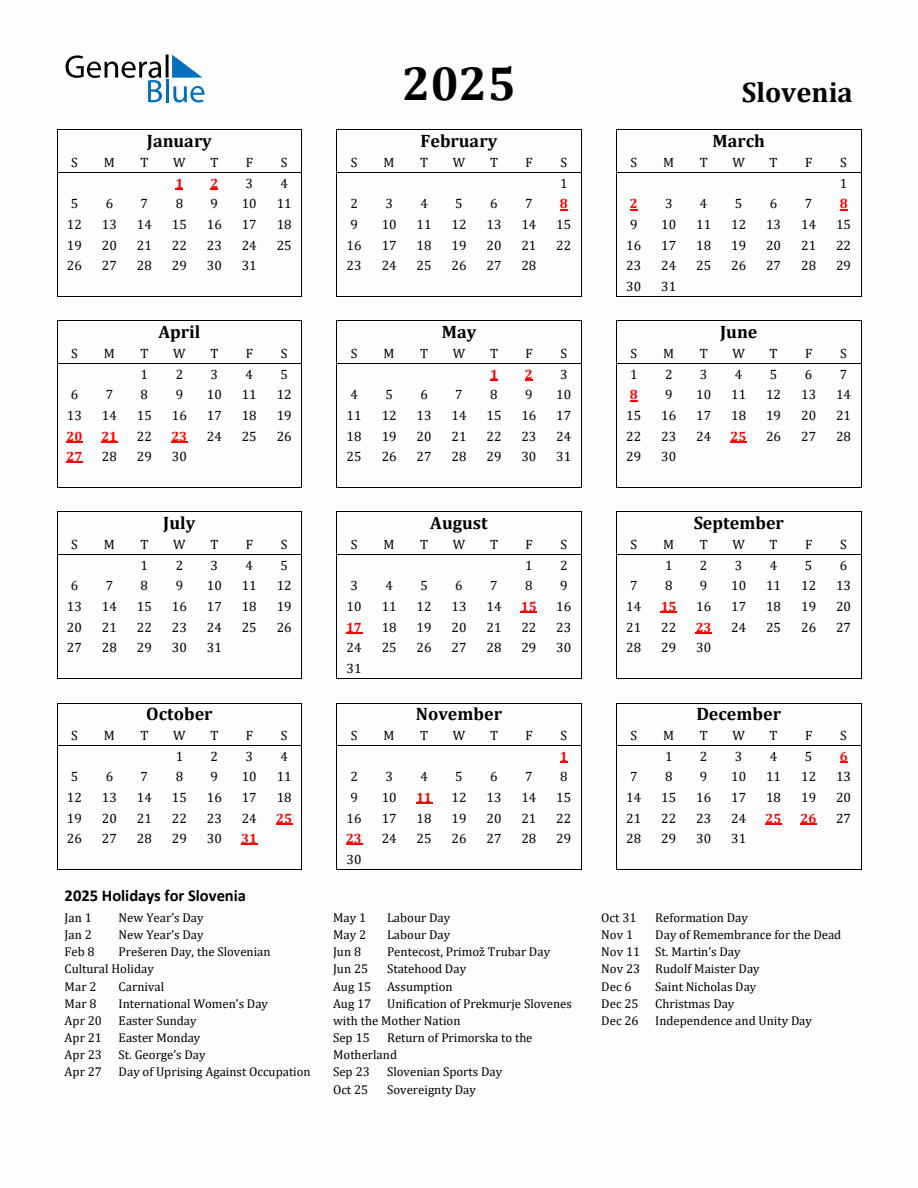 Free Printable 2025 Slovenia Holiday Calendar