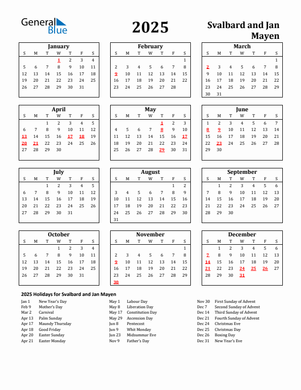 Free Printable 2025 Svalbard and Jan Mayen Holiday Calendar