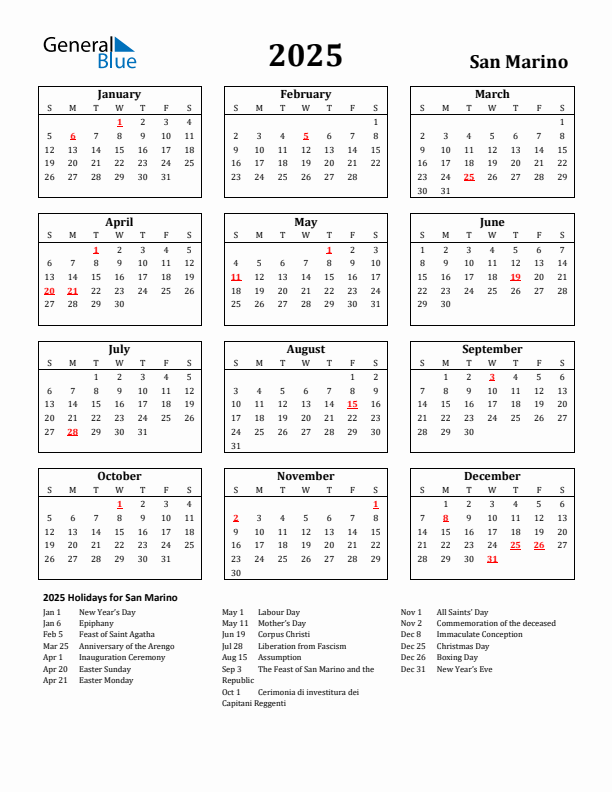 2025 San Marino Holiday Calendar - Sunday Start