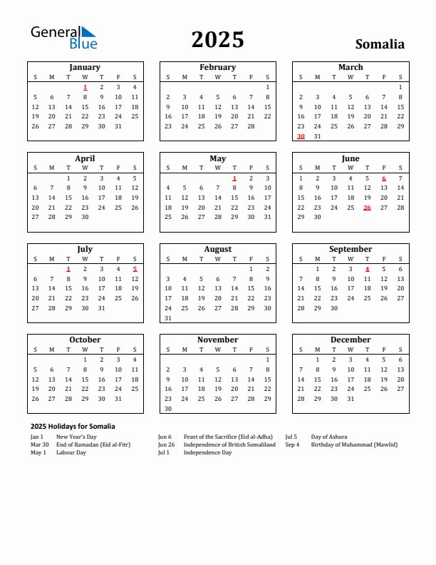 2025 Somalia Holiday Calendar - Sunday Start