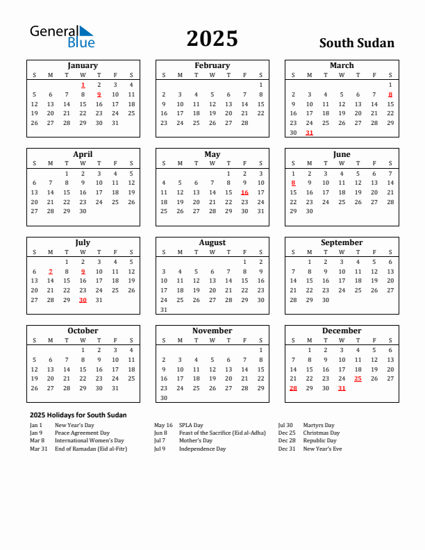 2025 South Sudan Holiday Calendar - Sunday Start