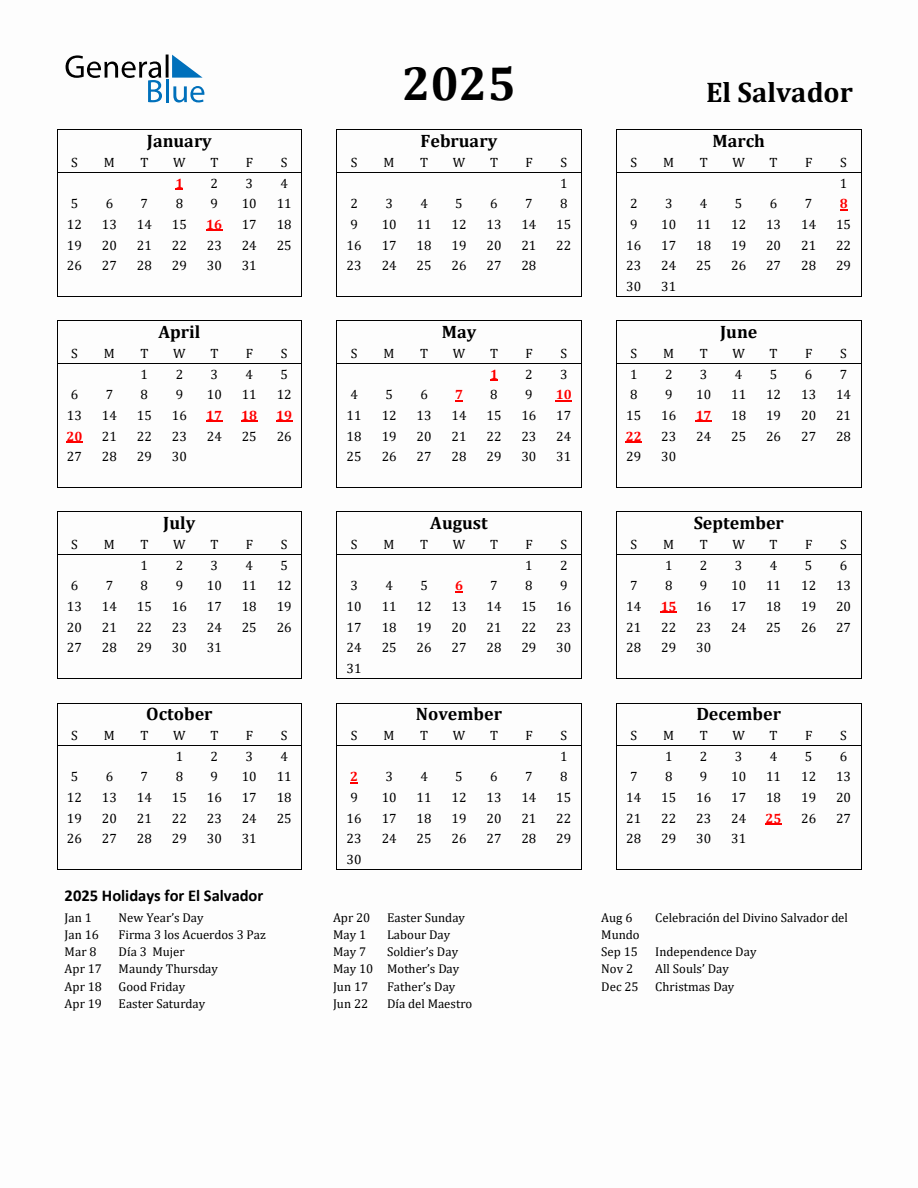 Free Printable 2025 El Salvador Holiday Calendar