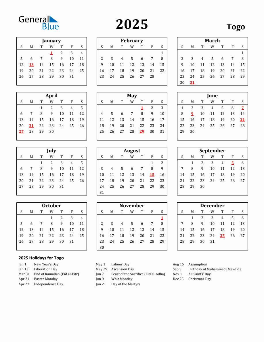 Free Printable 2025 Togo Holiday Calendar