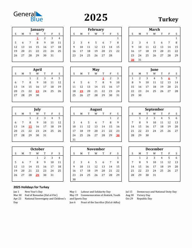 2025 Turkey Holiday Calendar - Sunday Start