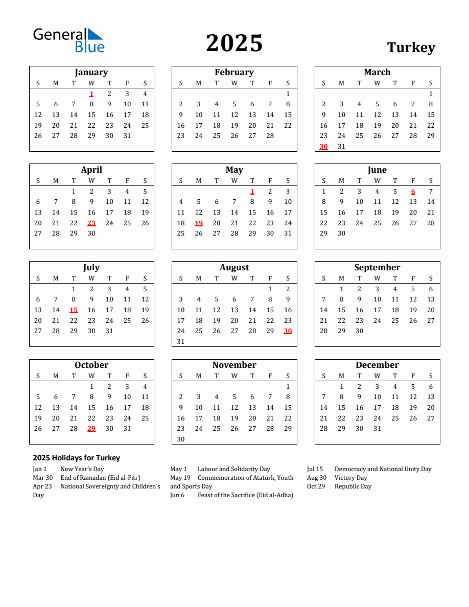 Free Printable 2025 Turkey Holiday Calendar