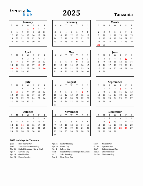 2025 Tanzania Holiday Calendar - Sunday Start