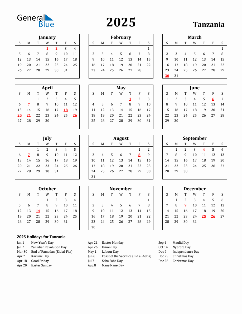 Free Printable 2025 Tanzania Holiday Calendar