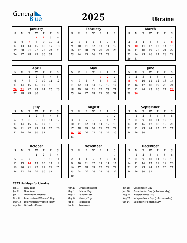 2025 Ukraine Holiday Calendar - Sunday Start