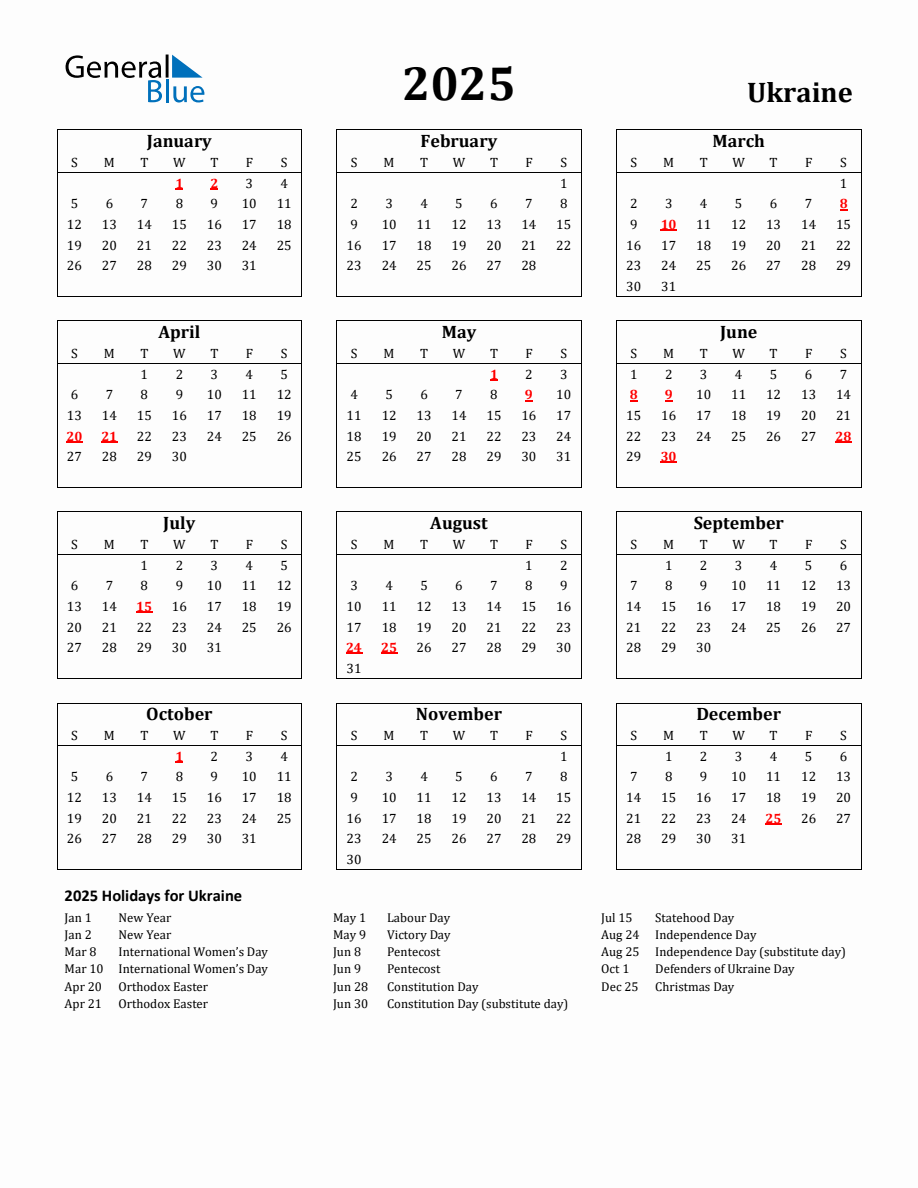 Free Printable 2025 Ukraine Holiday Calendar