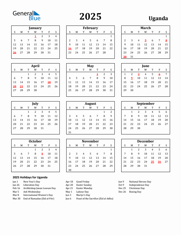 2025 Uganda Holiday Calendar - Sunday Start