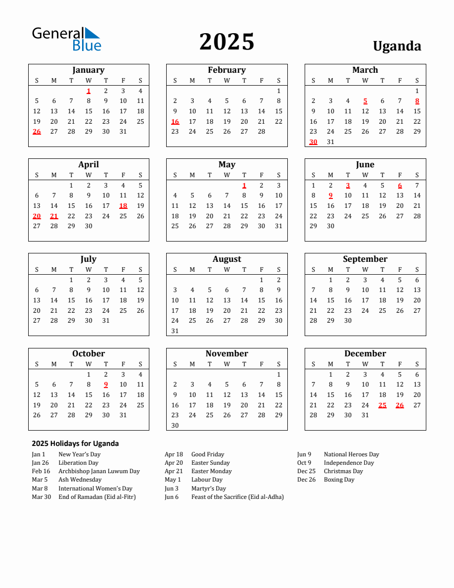 Calendar 2025 With Holidays Uganda 