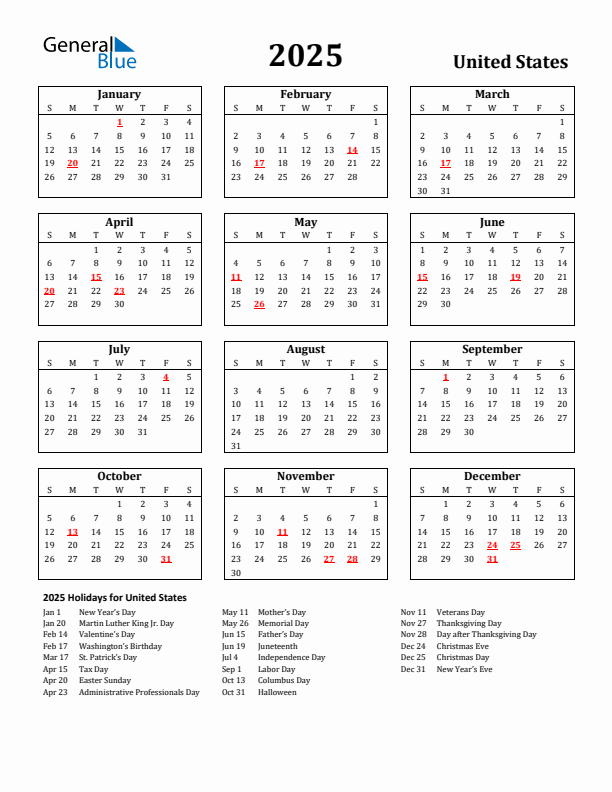 2025 United States Holiday Calendar - Sunday Start