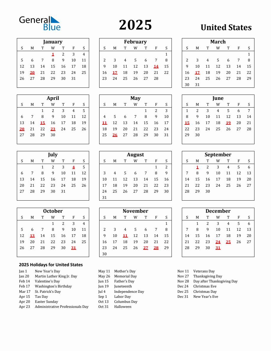 Free Printable 2025 United States Holiday Calendar