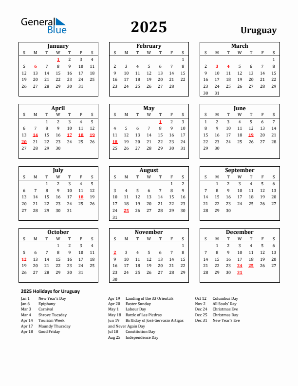 2025 Uruguay Holiday Calendar - Sunday Start