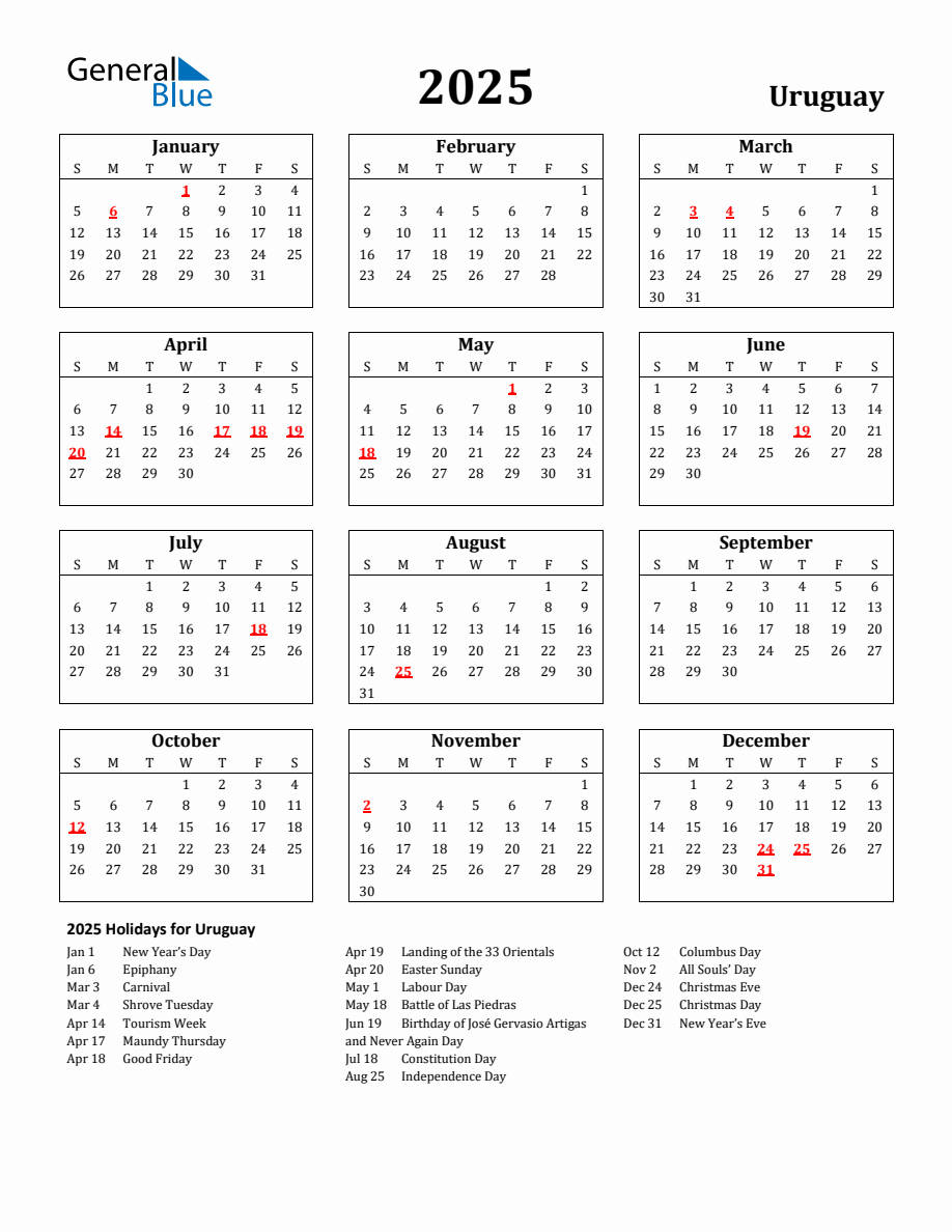 Free Printable 2025 Uruguay Holiday Calendar