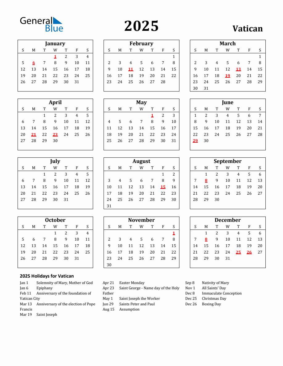 Free Printable 2025 Vatican Holiday Calendar