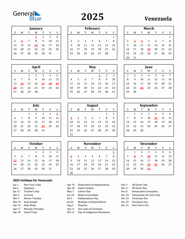 2025 Venezuela Holiday Calendar - Sunday Start
